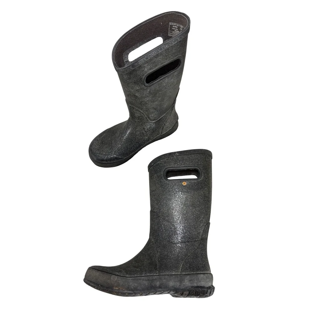 Bogs Girls Rain Boots Black Glitter Rubber Waterproof Pull On Youth‎ Size 2